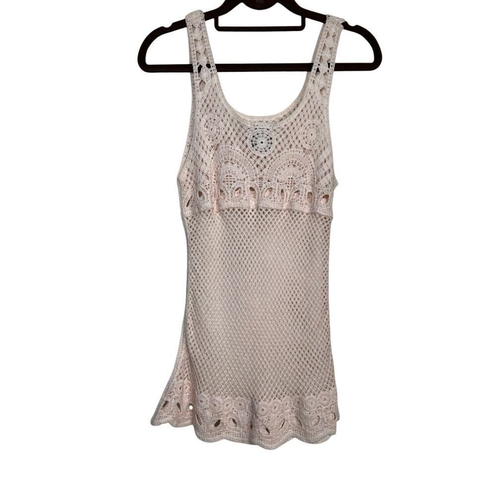 Color Siete Top Womens Size Small Pale Pink Tank Crochet Open Knit Scoop Neck